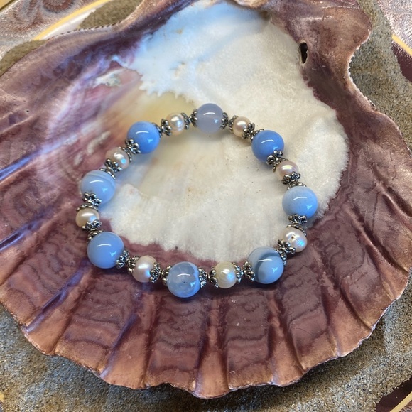 HandmadeArtisanJewelry Jewelry - Handmade Freshwater Pearl Silver Blue Lace Agate Gem Beads Mermaid Bracelet OOAK